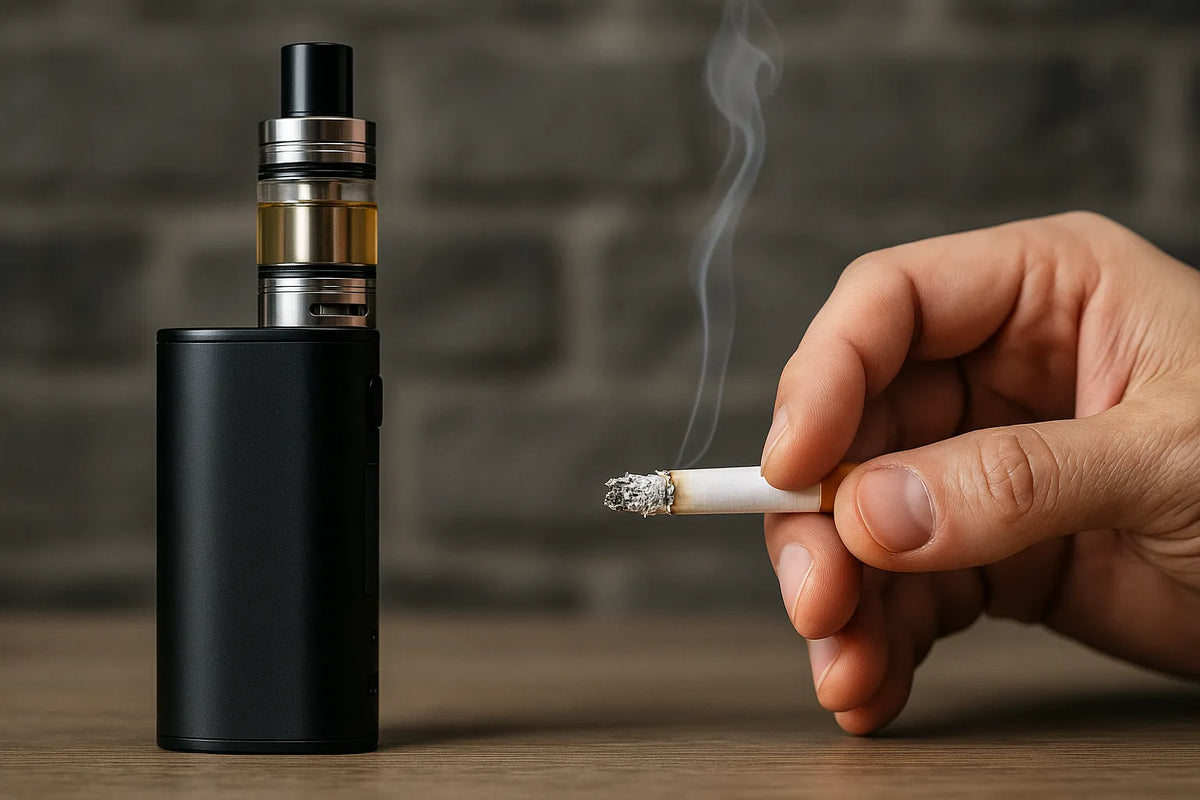 Immagine affiancata di un vaporizers e una mano che tiene una sigaretta accesa su un tavolo di legno