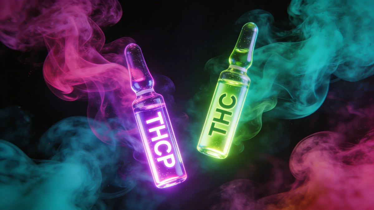 THCP vs THC a confronto — due fiale illuminate al neon che mostrano la differenza di potenza tra i cannabinoidi THCP e THC