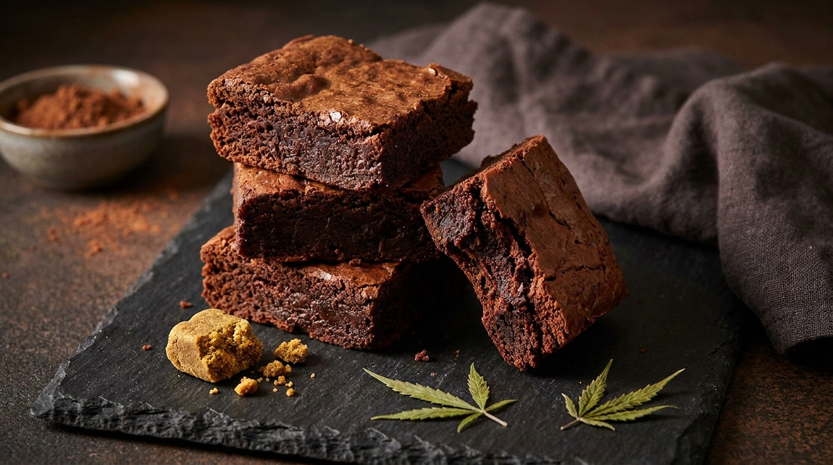 Pila di brownies all'hashish fondenti al cioccolato su un tagliere di ardesia, con un pezzo di hashish accanto