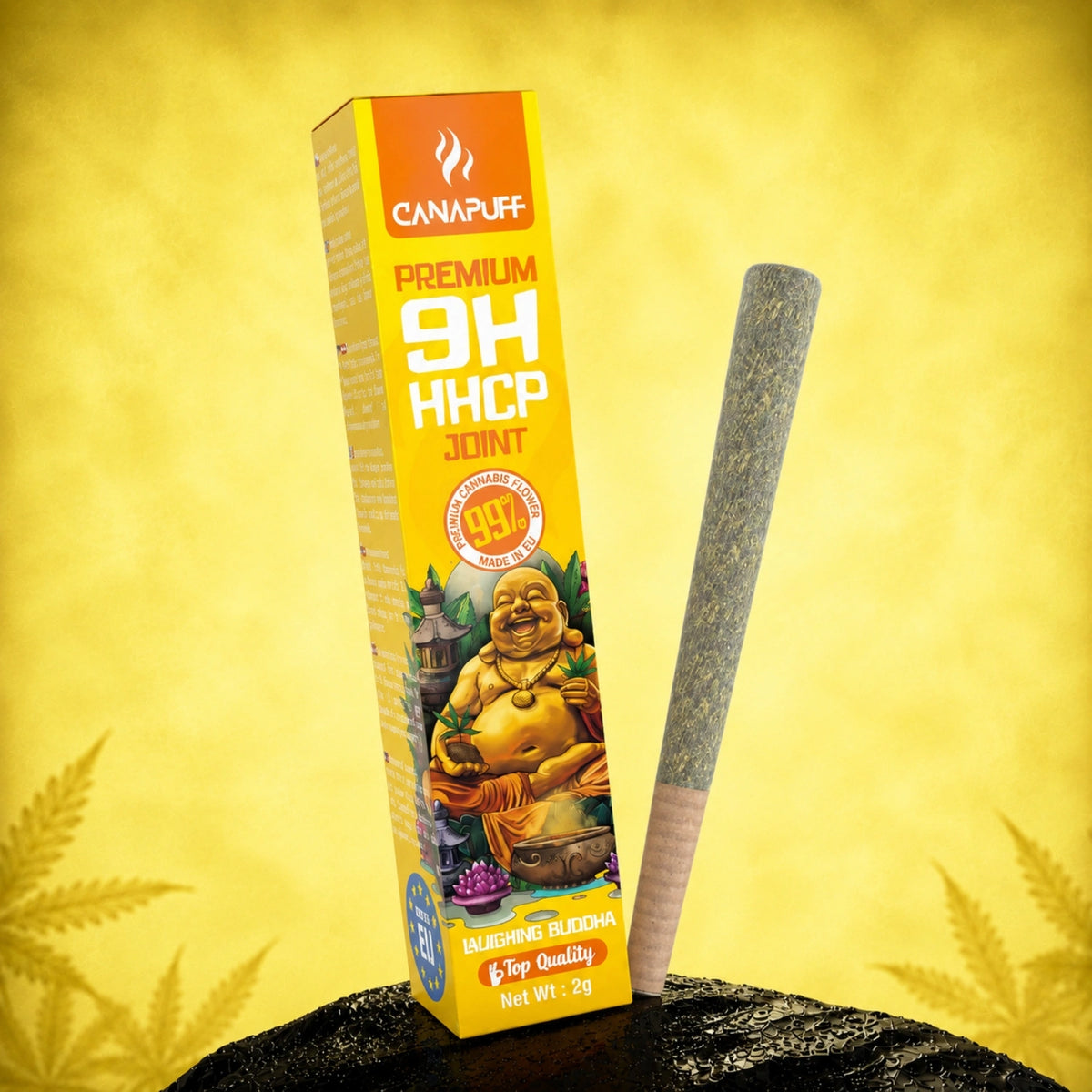 Canapuff 9H-HHCP Joint Laughing Buddha 99% 2g in confezione gialla con joint in mostra