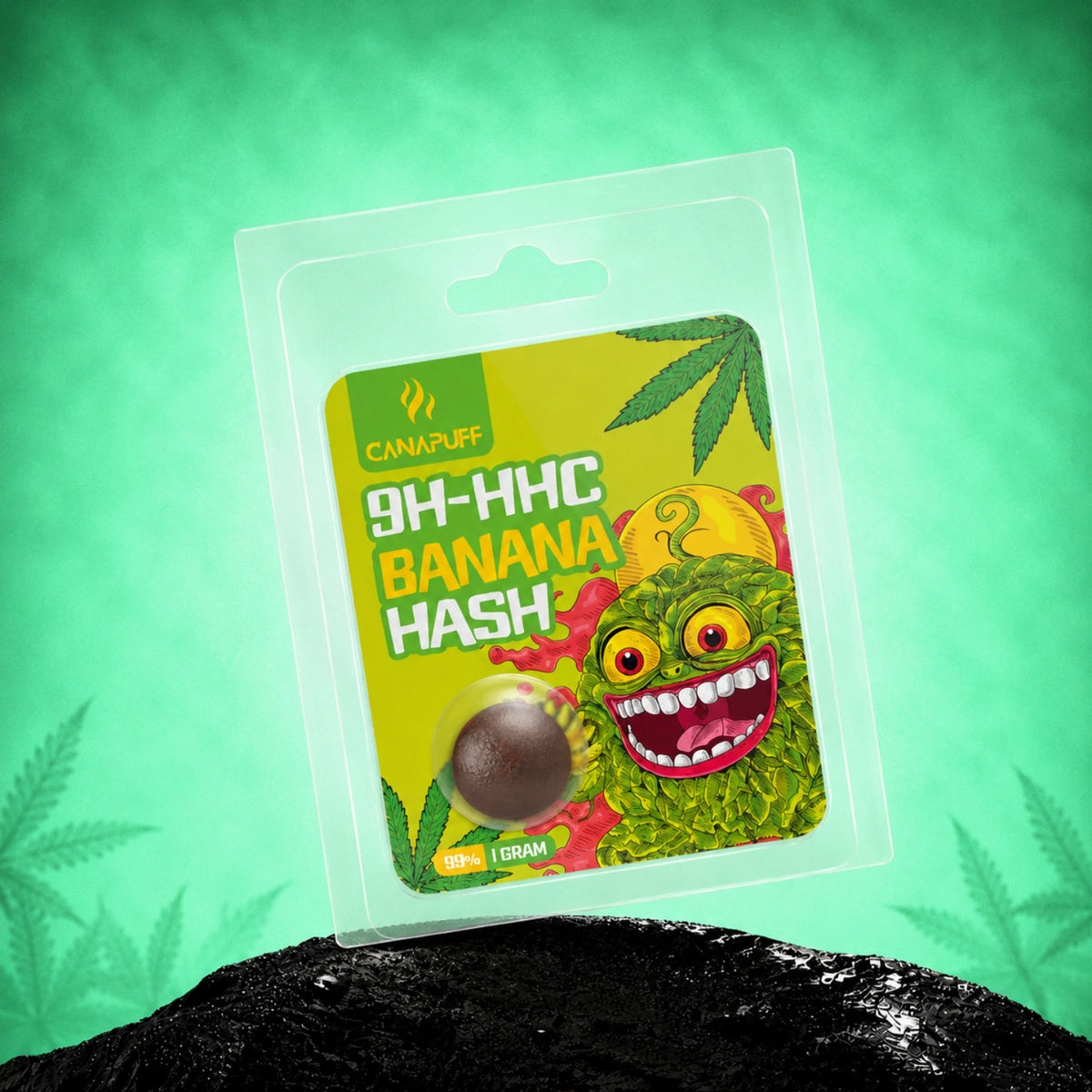 Canapuff 9H-HHC Hash Banana 99%, 1 grammo in blister trasparente con grafica a foglia verde