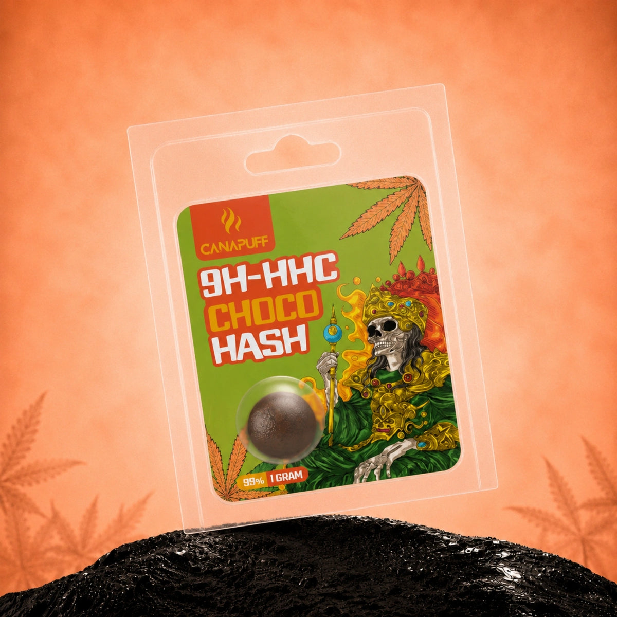Canapuff 9H-HHC Hash Choco 99%, 1 grammo in blister trasparente con etichetta verde e grafica teschio
