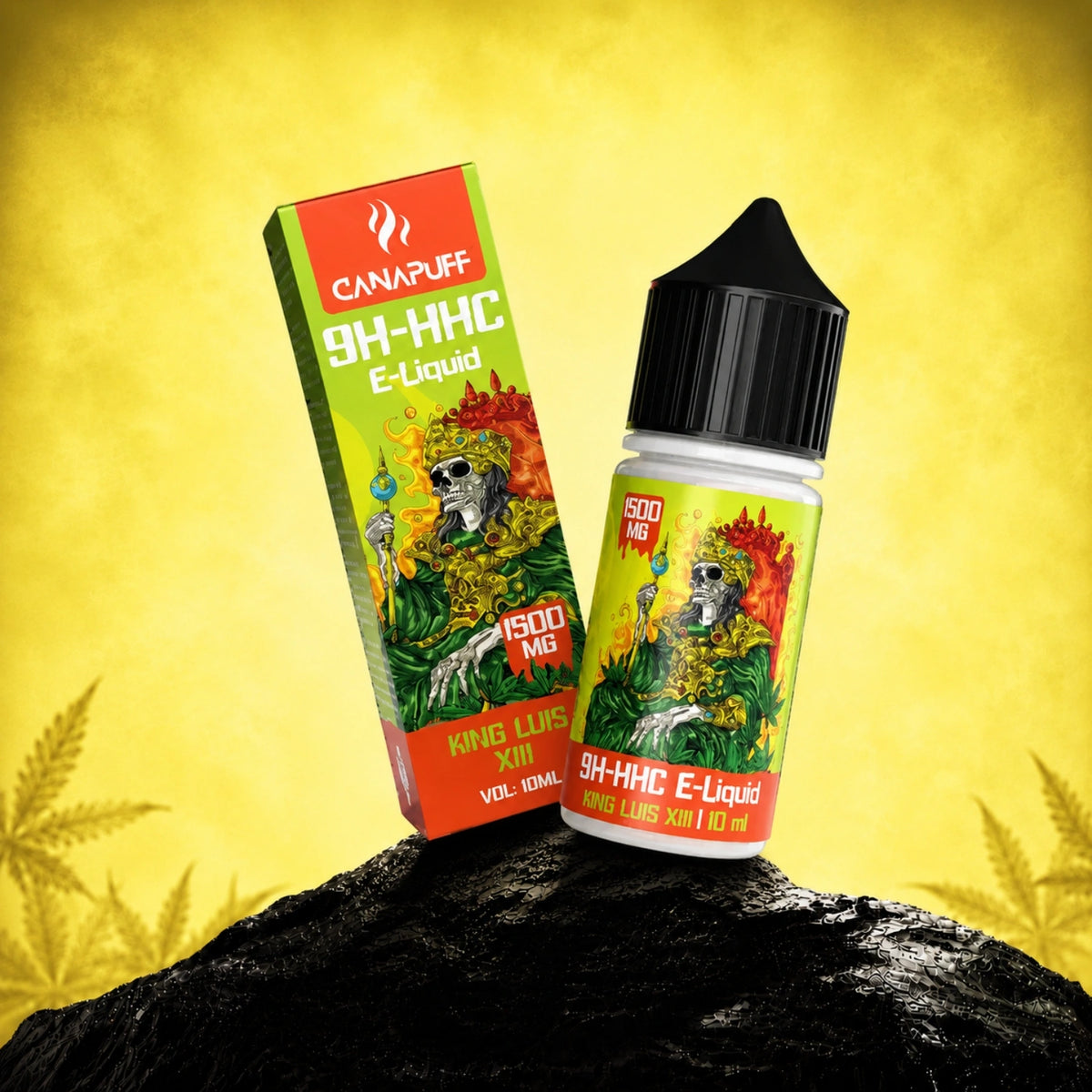 Canapuff 9H-HHC E-Liquid King Luis XIII 1500mg, flacone da 10ml con scatola su sfondo giallo