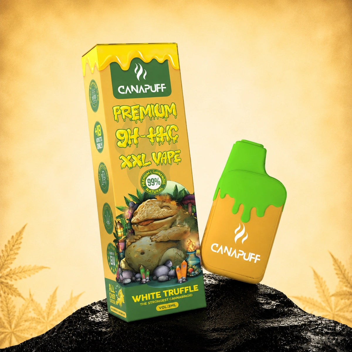 Canapuff 9H-HHC XXL Vape White Truffle 99%, pen usa e getta da 2ml con cappuccio a colature verdi