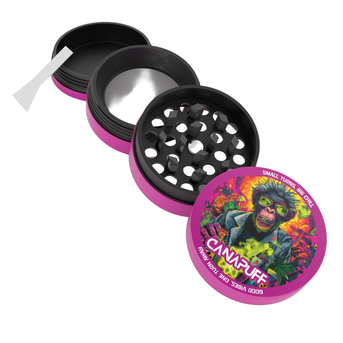 Grinder di metallo Canapuff Atomic Monkey, piccolo, rosa e nero
