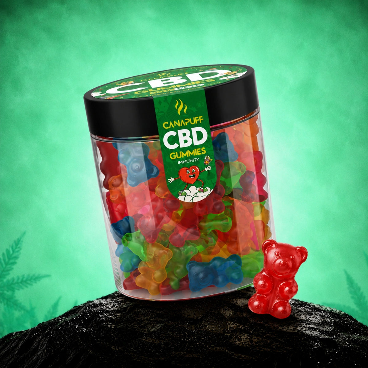 Barattolo Canapuff CBD Gummies Immunity con orsetti gommosi colorati