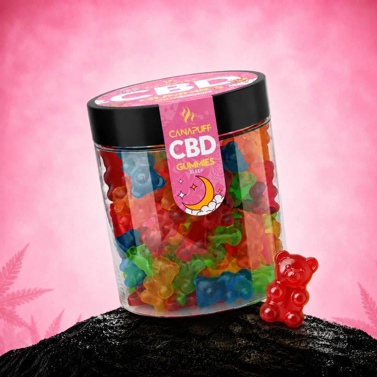 Canapuff CBD Gummies Sleep, gummies colorate a forma di orsetto in barattolo di vetro con coperchio nero