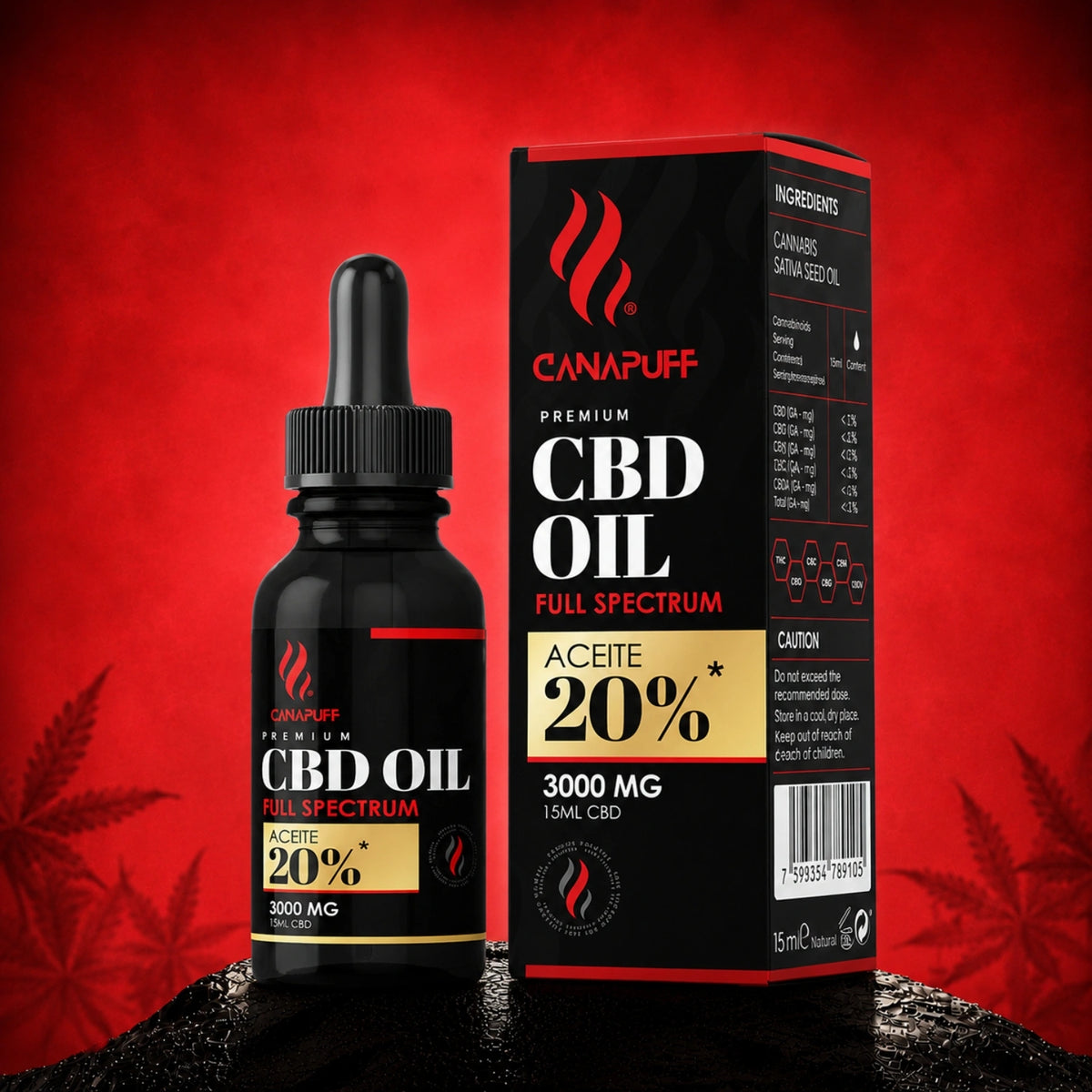 Canapuff CBD Oil Full Spectrum 3000 mg, flacone da 15 ml con contagocce e scatola
