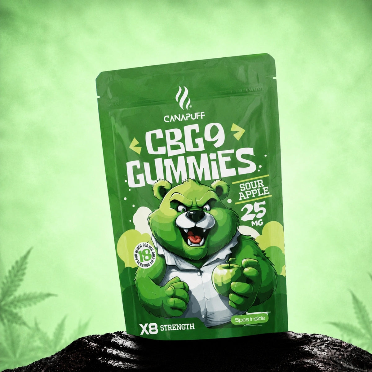 Canapuff CBG9 Gummies Sour Apple 25 mg, 5 pezzi per bustina