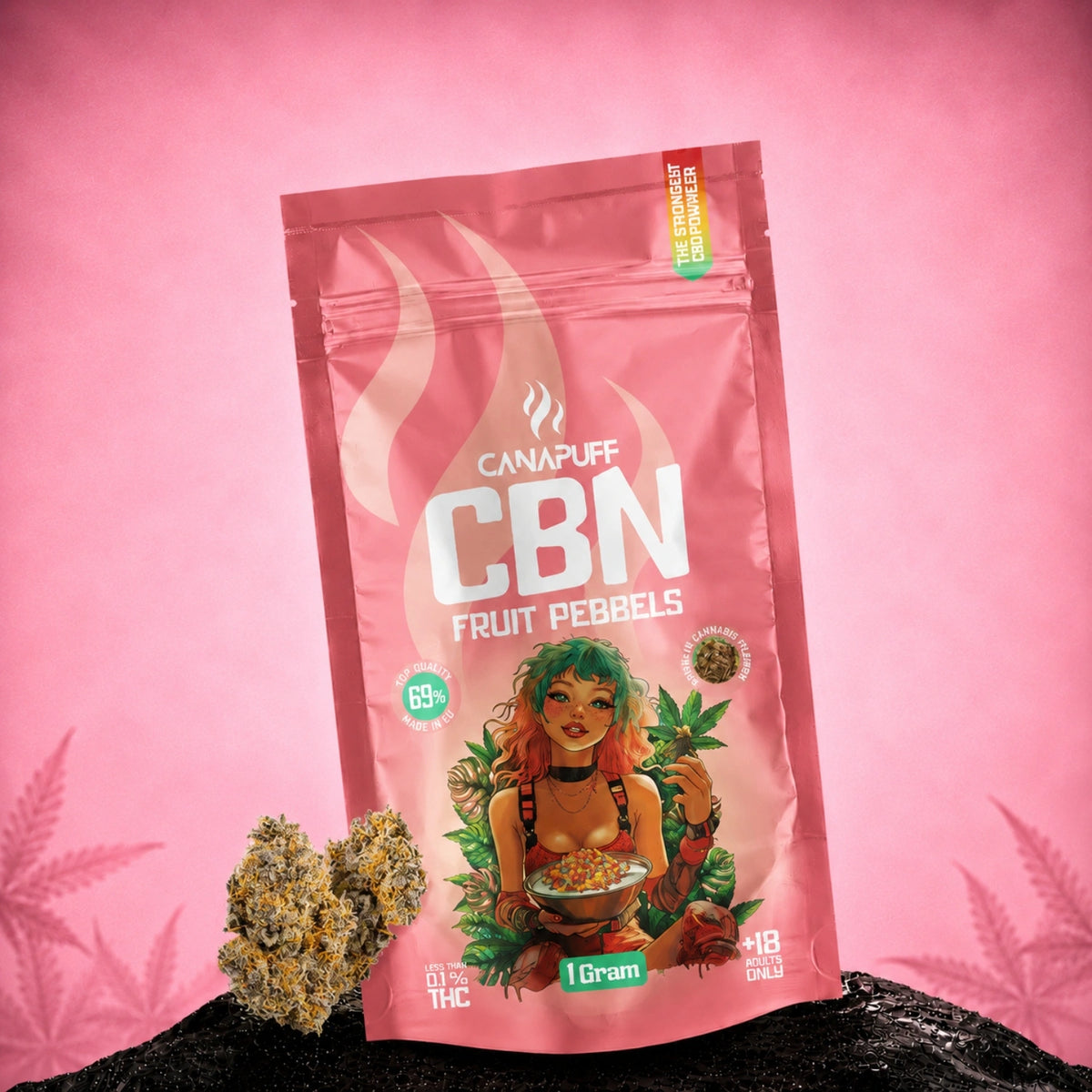 Fiori Canapuff CBN Fruit Pebbels, concentrazione 69%, bustina da 1 grammo