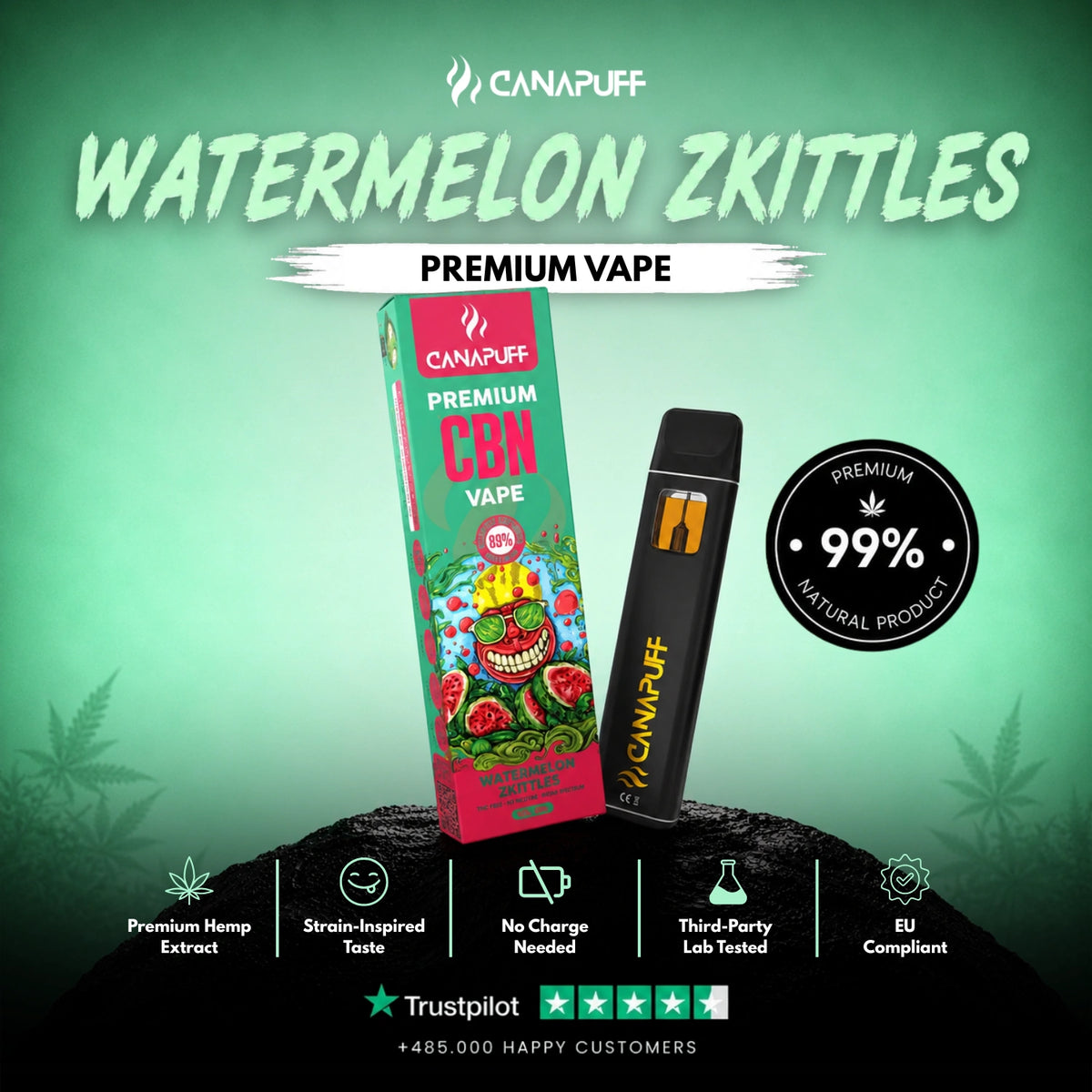 CBN Vape Watermelon Zkittles 89% 1ml – vape pen usa e getta, foto 2