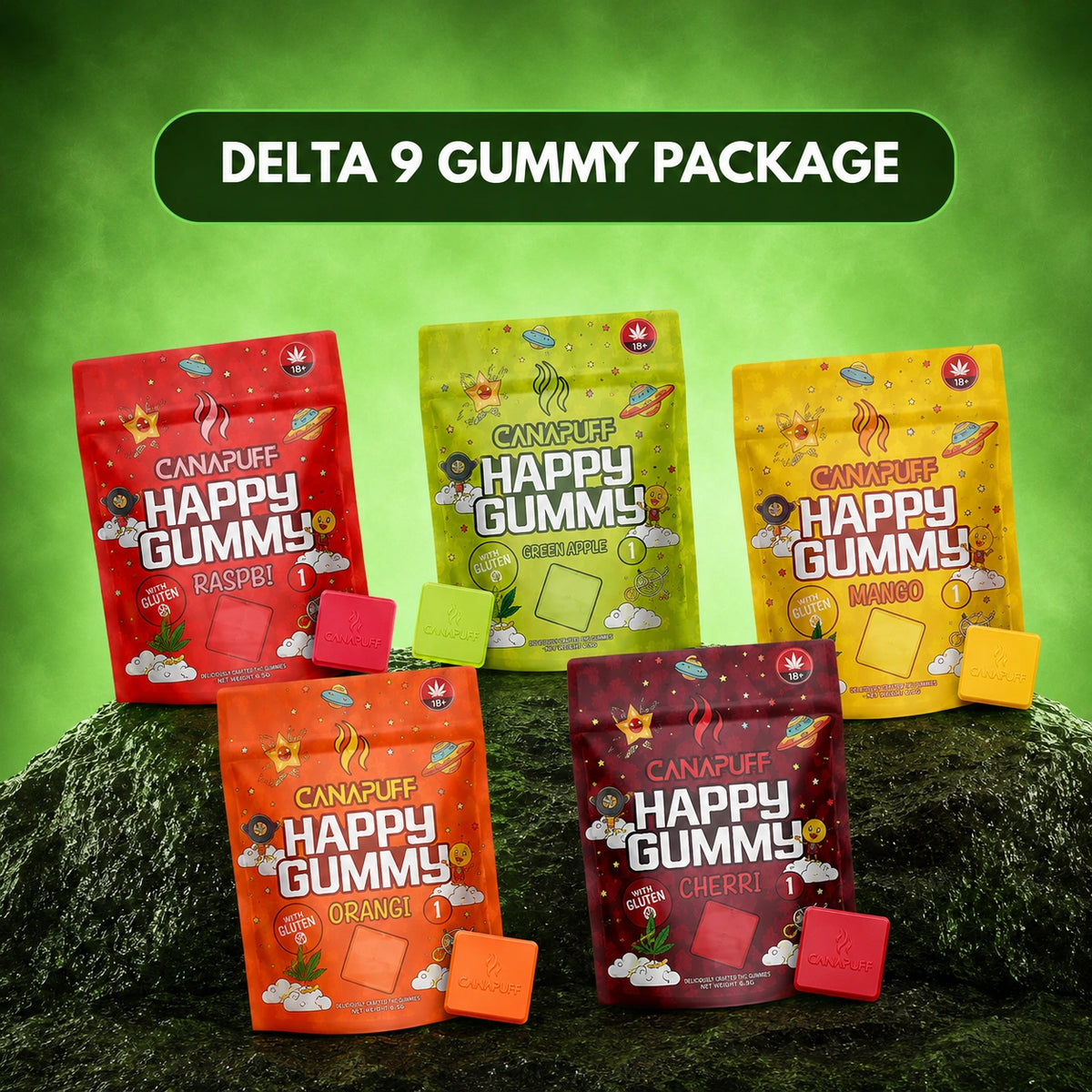Gummies Canapuff Happy Gummy Delta-9 THC, confezione da cinque gusti, 5 pezzi ciascuno