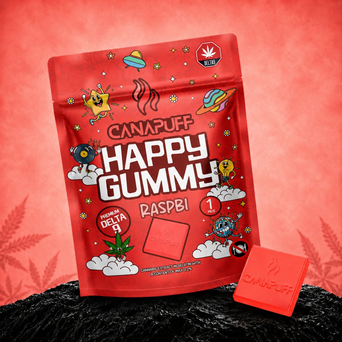 Canapuff Happy Gummy Raspbi, gummy al Delta-9 THC, 1 pezzo