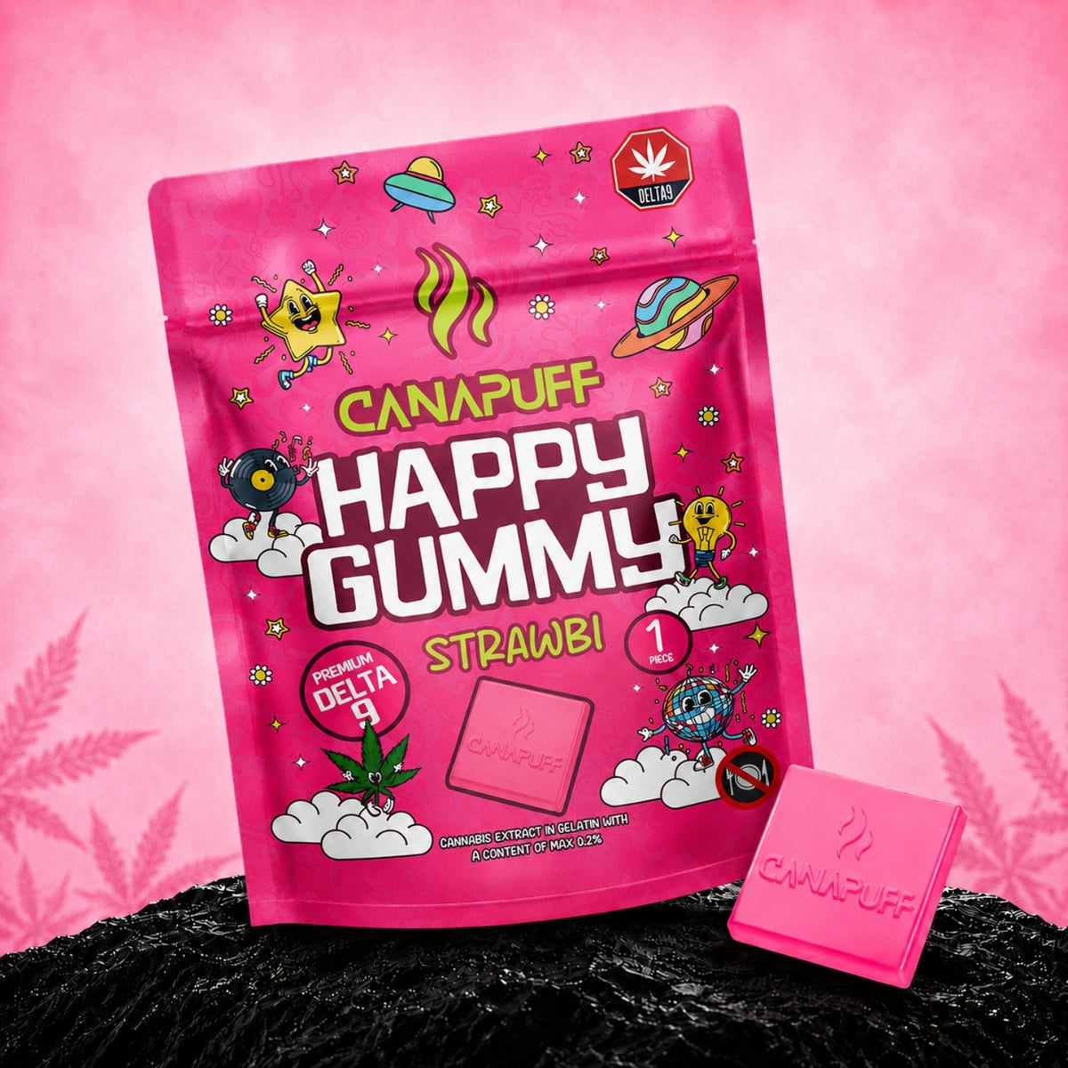 Canapuff Happy Gummy Strawbi, gummy con Delta-9 THC da canapa, 1 pezzo