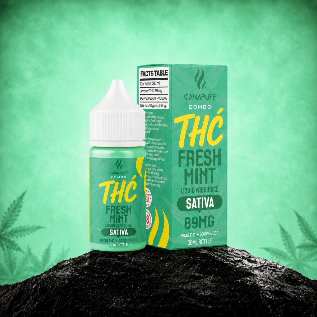 Liquid da vape Canapuff Combo Fresh Mint, 89mg di Delta-9 THC, 2000mg di CBD, flacone da 30ml
