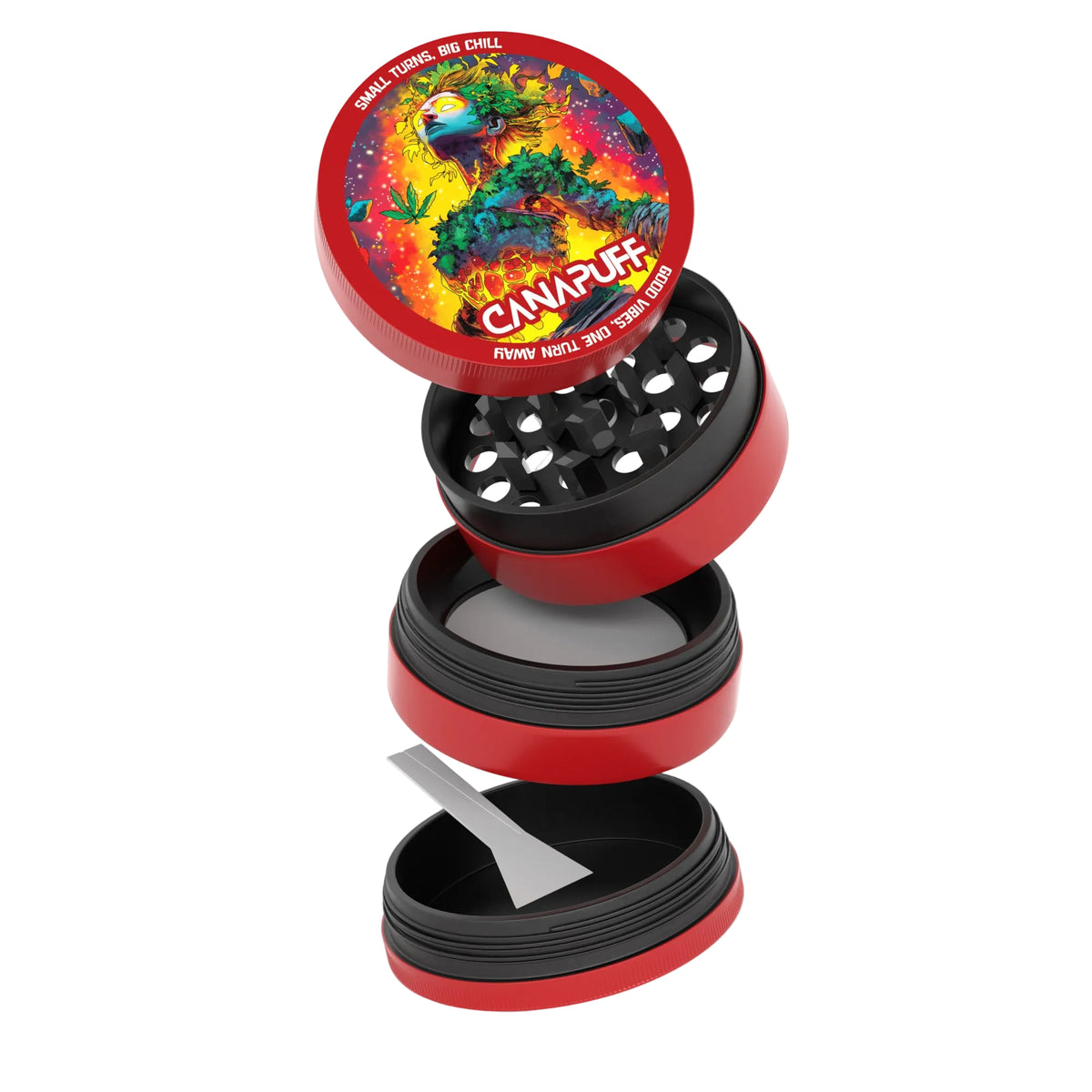 Canapuff Metal Grinder Euforic, grinder rosso e nero a più camere