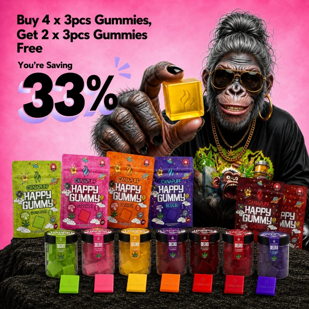 Promozione Canapuff Happy Gummy: compri 4 confezioni di gummy, 2 in omaggio, con bustine e barattoli
