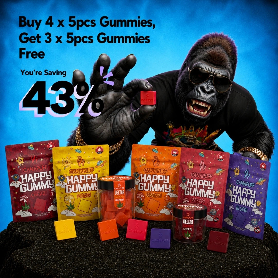 Offerta set Canapuff Happy Gummy: compri 4 confezioni da cinque pezzi, 3 in omaggio, più gusti