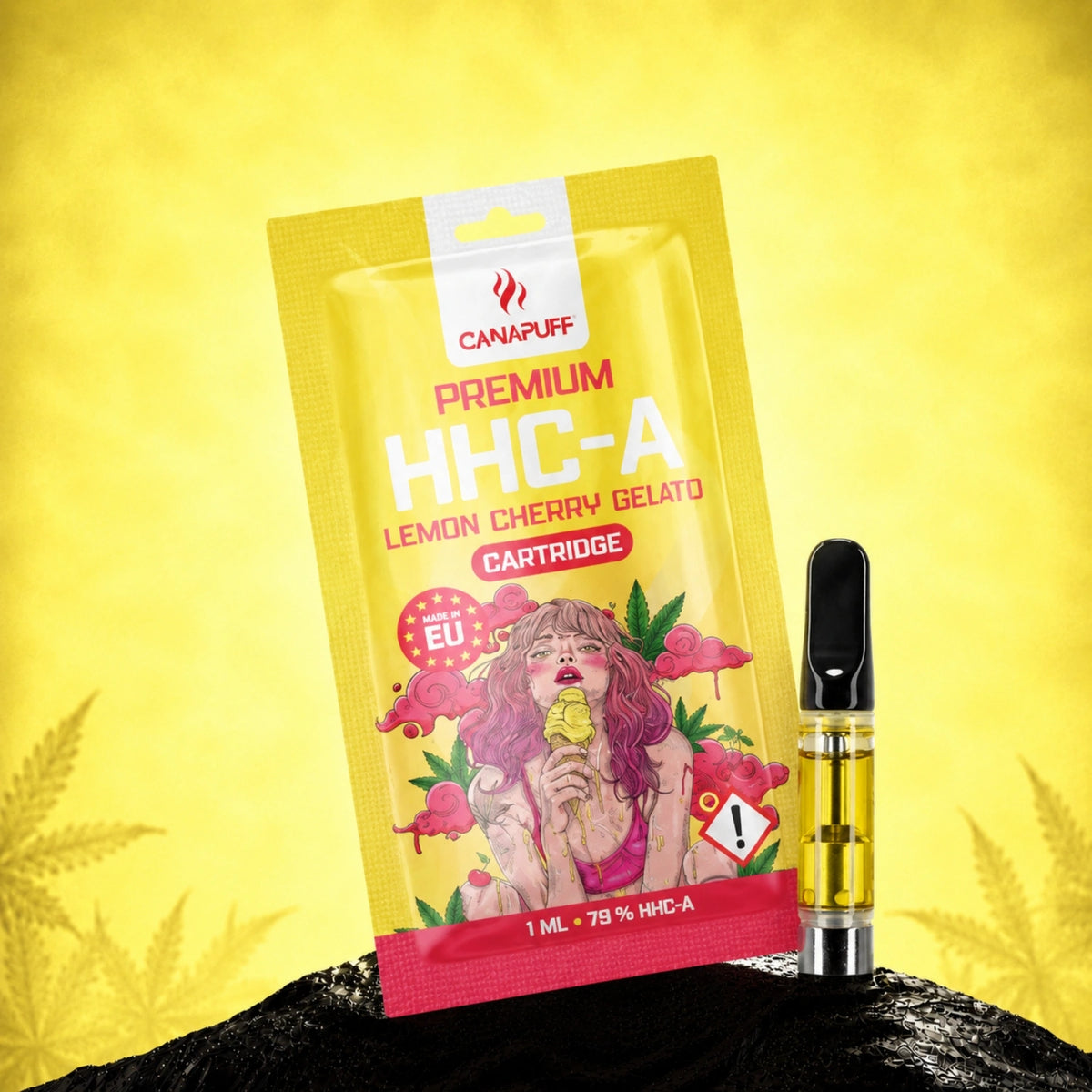 Cartuccia Canapuff HHC-A Lemon Cherry Gelato, 1 ml, 79% con confezione e vape pen