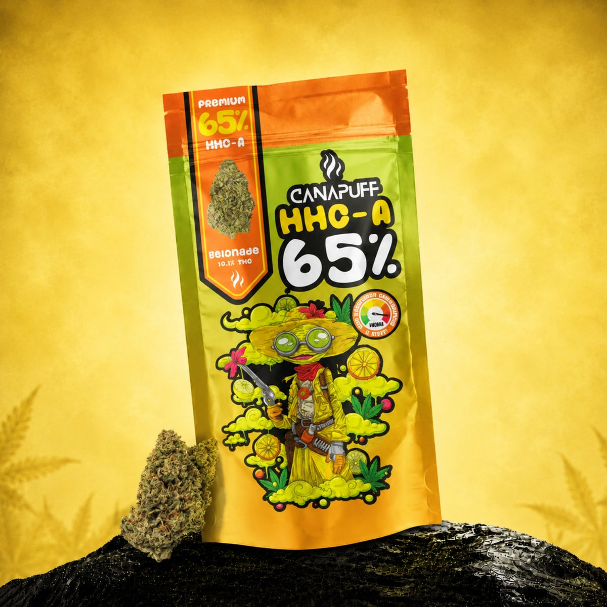 Bustina Canapuff HHC-A Flowers Gelonade 65% su sfondo giallo con infiorescenze di cannabis