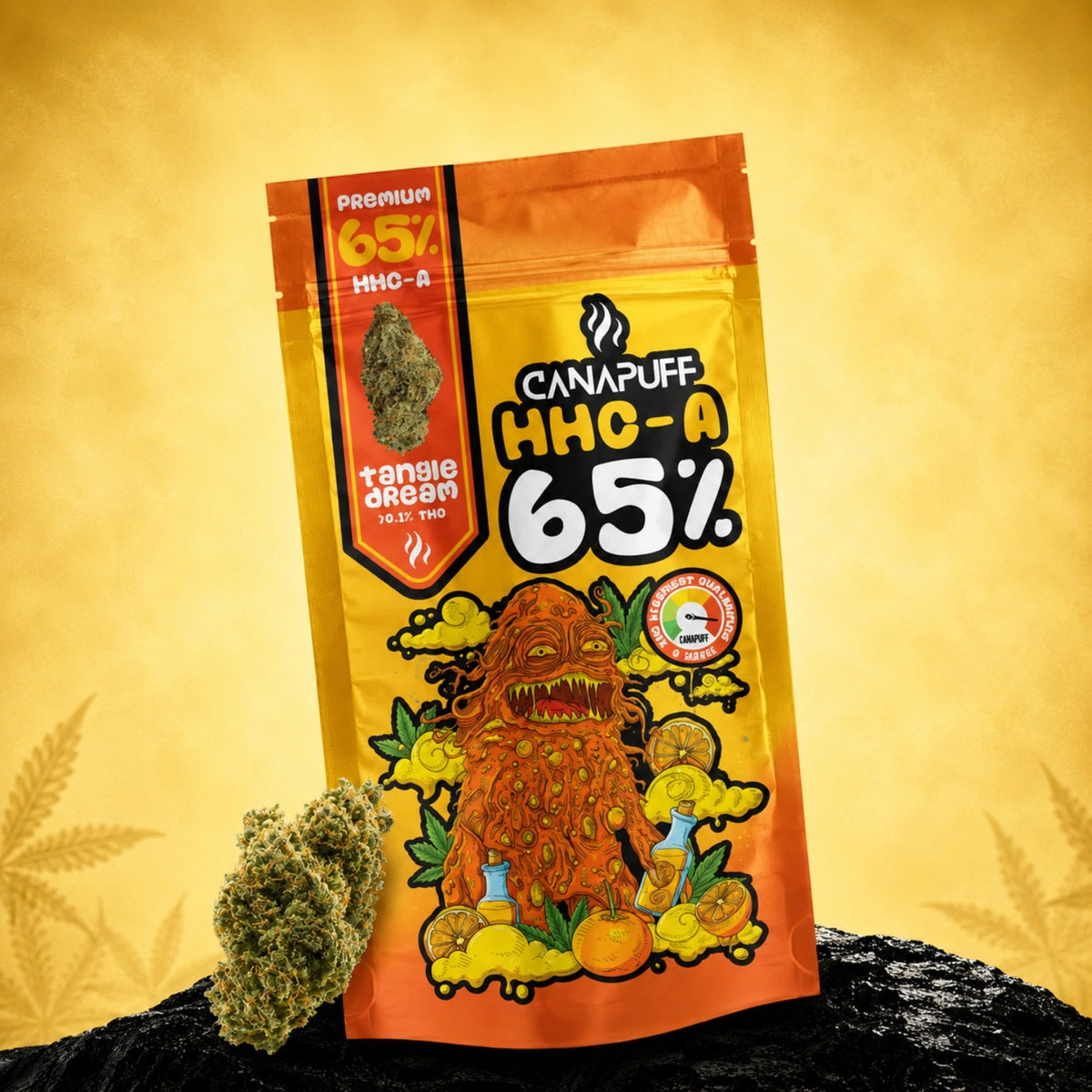 Canapuff HHC-A Flowers Tangie Dream 65% in bustina arancione e gialla con infiorescenza in vista