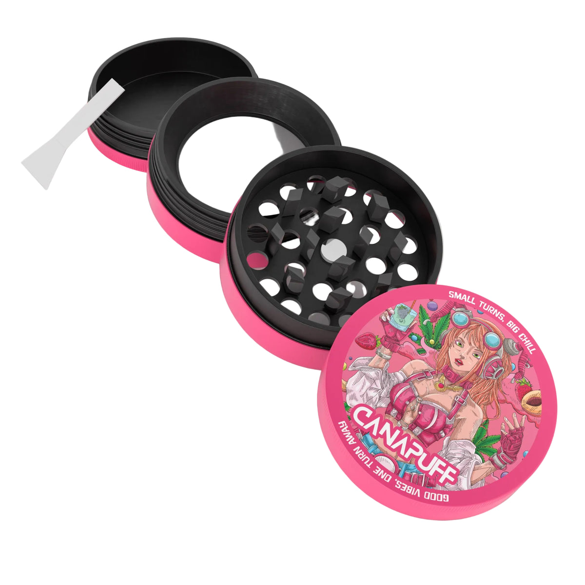Canapuff Metal Grinder Lychee Dream con design rosa e nero