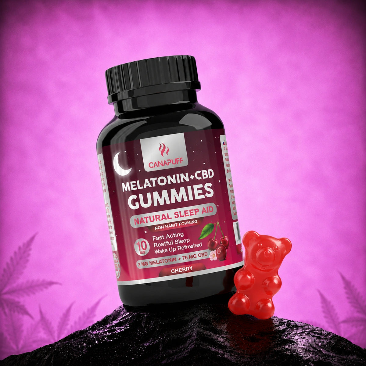 Canapuff Melatonin+CBD Gummies Cherry, 2 mg di melatonina più 75 mg di CBD, flacone da 10 pezzi