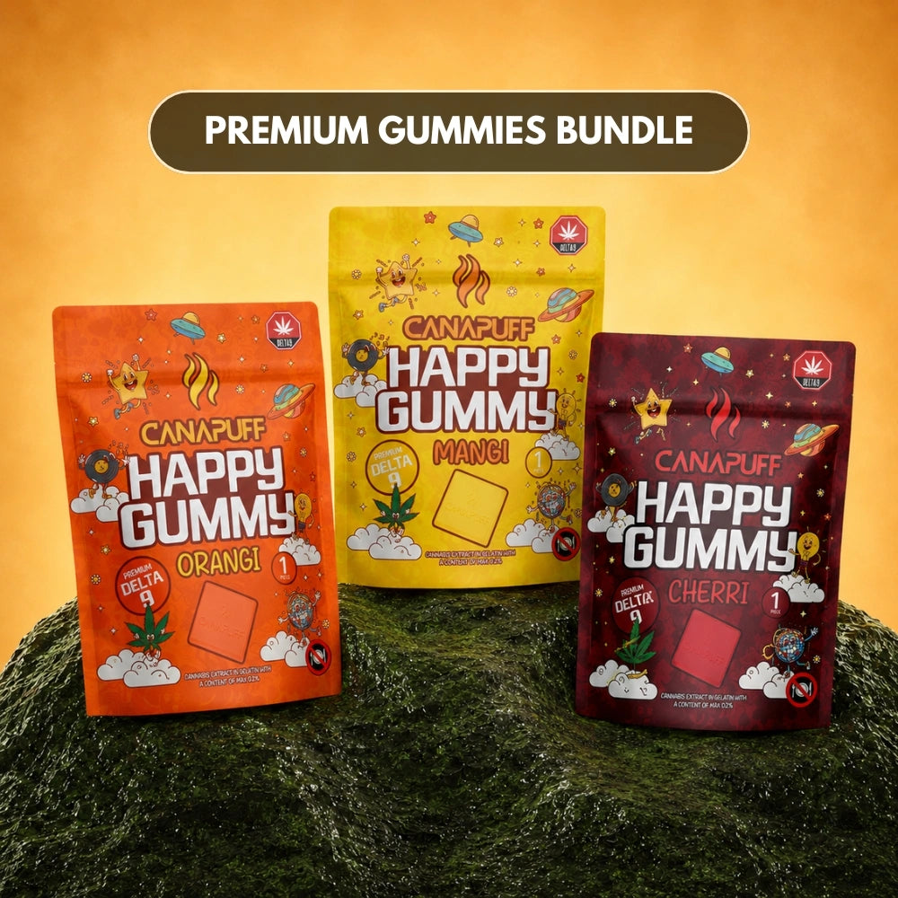 Set Canapuff Happy Gummy con Delta-9 THC: gusti Orangi, Mangi, Cherri, 3 bustine