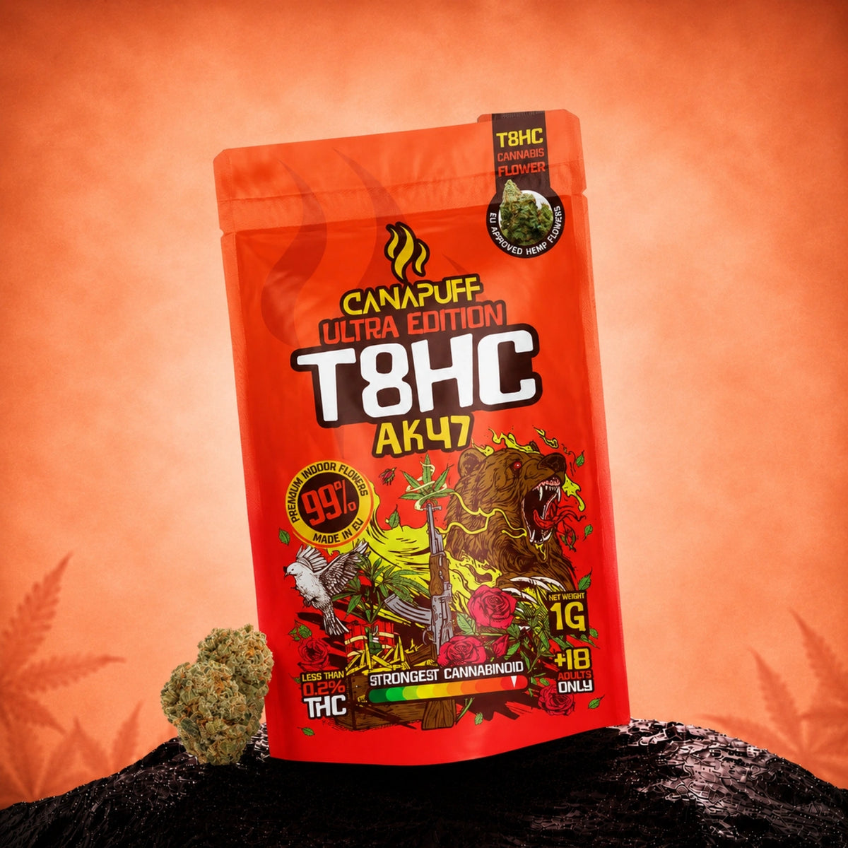 Fiori Canapuff Ultra Edition T8HC AK47, confezione da 1g con concentrazione di cannabinoidi 99%