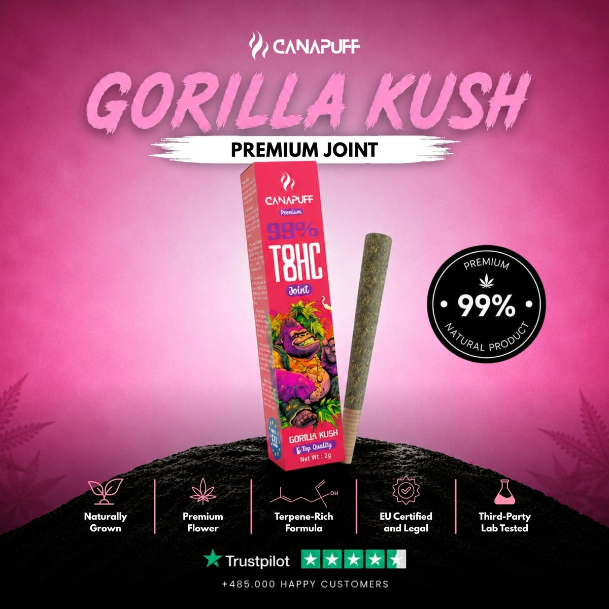 T8HC Joint Gorilla Kush 99% 2g – joint pre-rollato, foto 2
