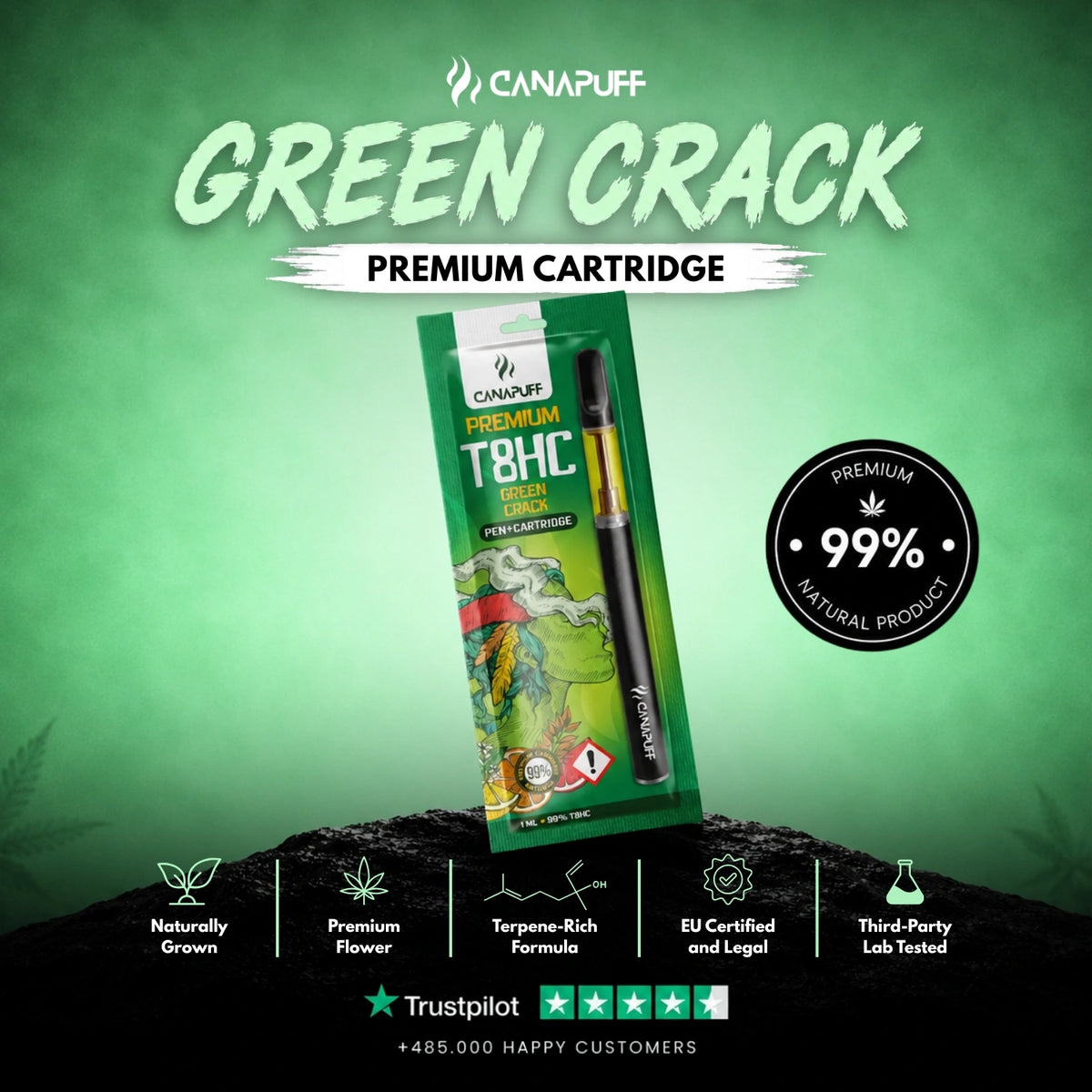 T8HC Pen+Cartridge Green Crack 99% – vape pen con cartuccia, foto 2
