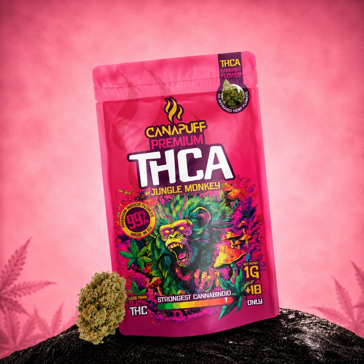 Fiori Canapuff THCA Jungle Monkey, bustina da 1g, concentrazione di cannabinoidi 99%