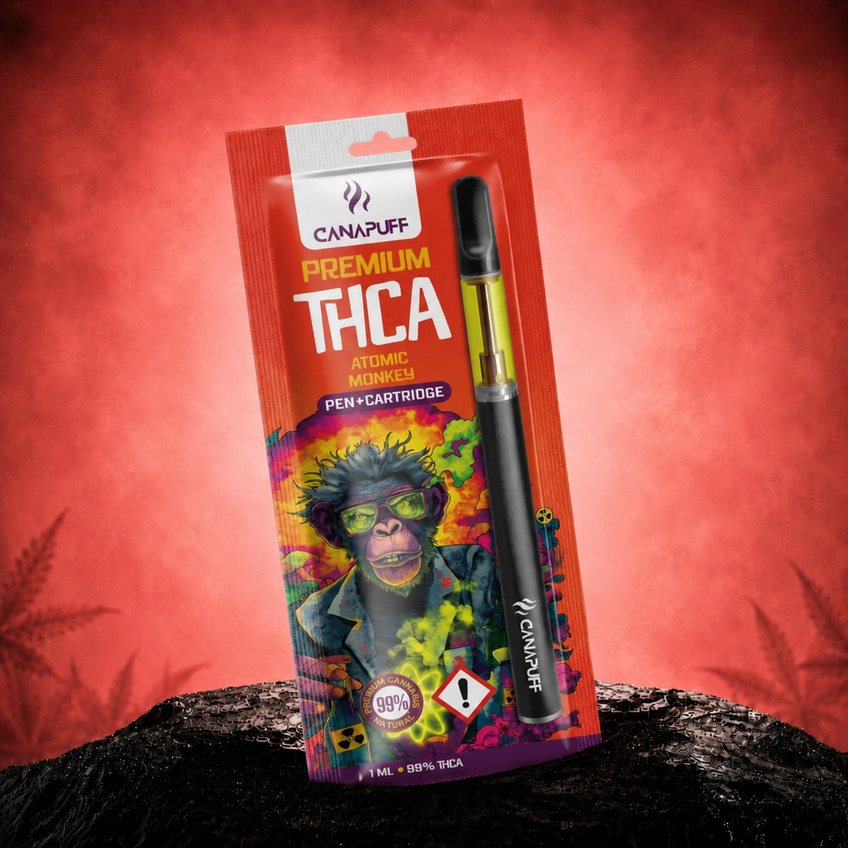 Pen e cartuccia Canapuff THCA Atomic Monkey 99%, 1 ml in confezione rossa
