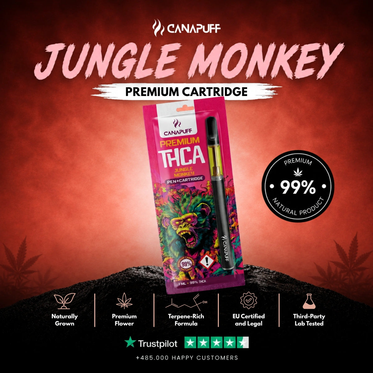 THCA Pen+Cartridge Jungle Monkey 99% – vape pen con cartuccia, foto 2