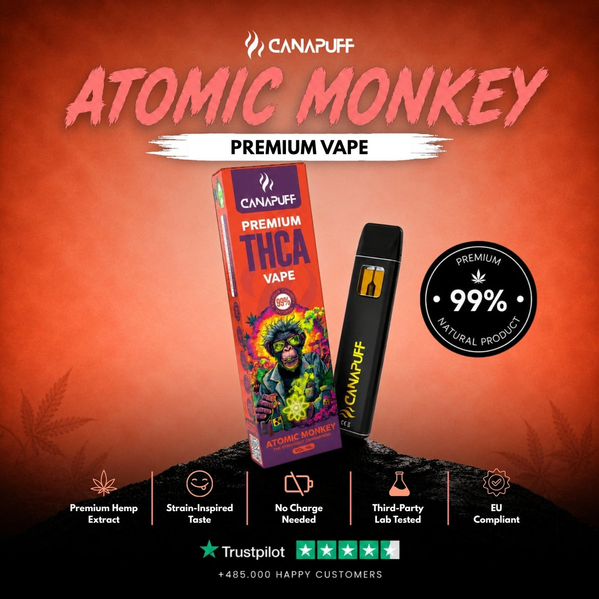 THCA Vape Atomic Monkey 99% 1ml – vape pen usa e getta, foto 2