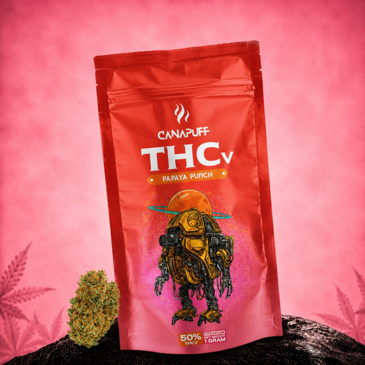 Canapuff THCv Flowers Papaya Punch 50%, bustina da 1 grammo su sfondo rosa
