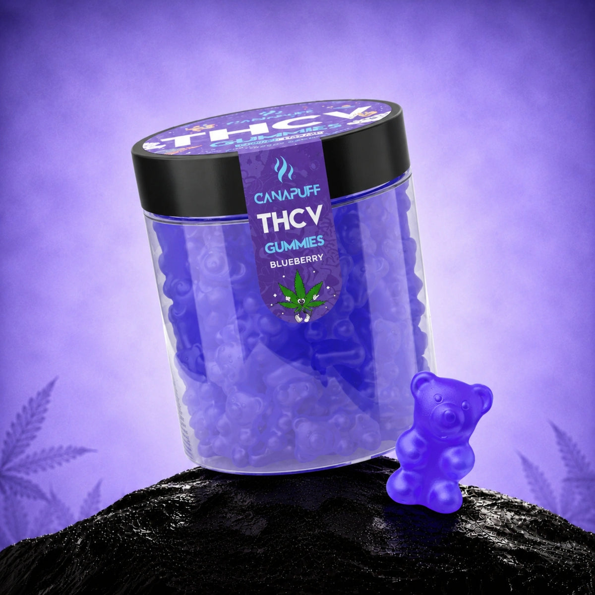 Canapuff THCv Gummies Blueberry in barattolo trasparente con coperchio nero e orsetti gommosi viola