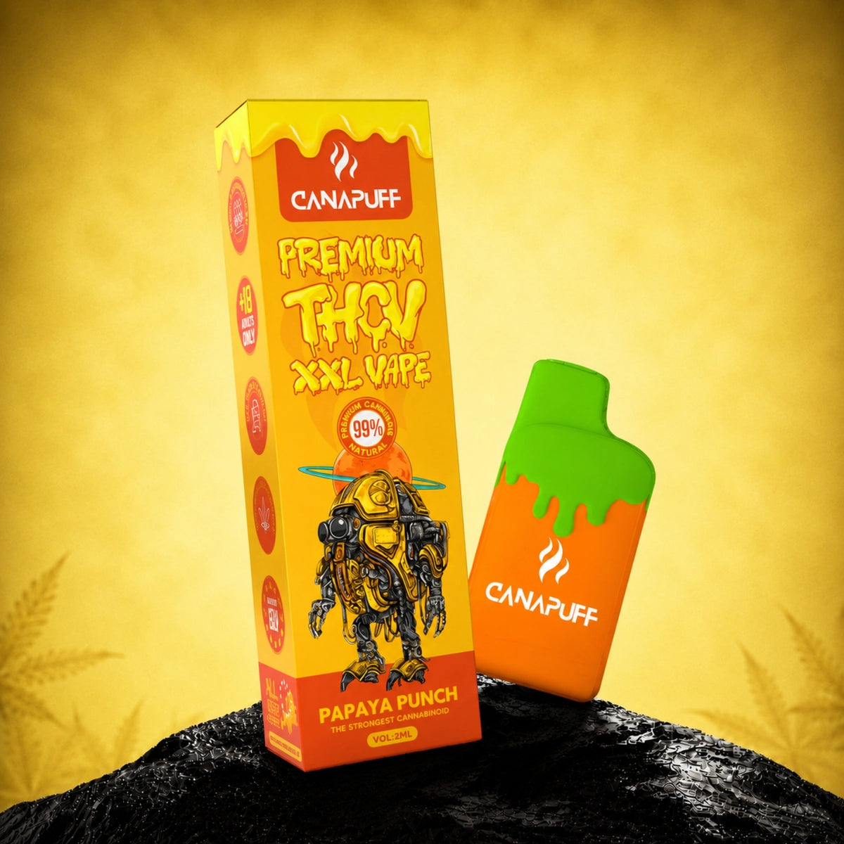 Canapuff THCv XXL Vape Papaya Punch 99%, pen usa e getta da 2ml con scatola