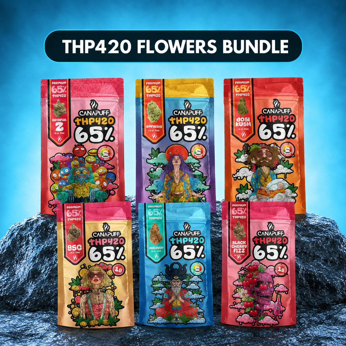 Set di fiori Canapuff THP420, sei bustine di gusti con cannabinoidi da canapa al 65%