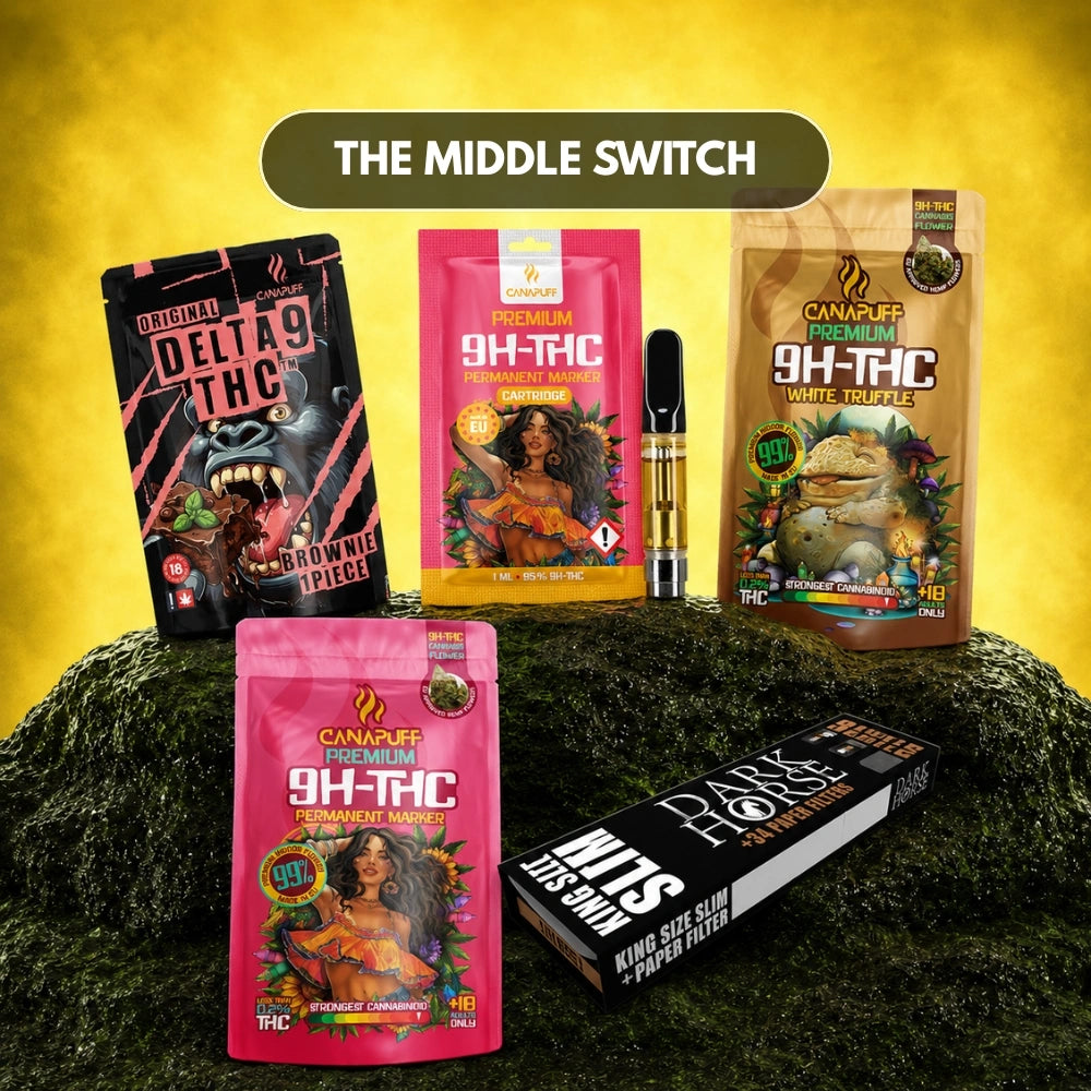 Collezione Canapuff The Middle Switch con vapes 9H-THC, fiori, cartucce e accessori per fumare