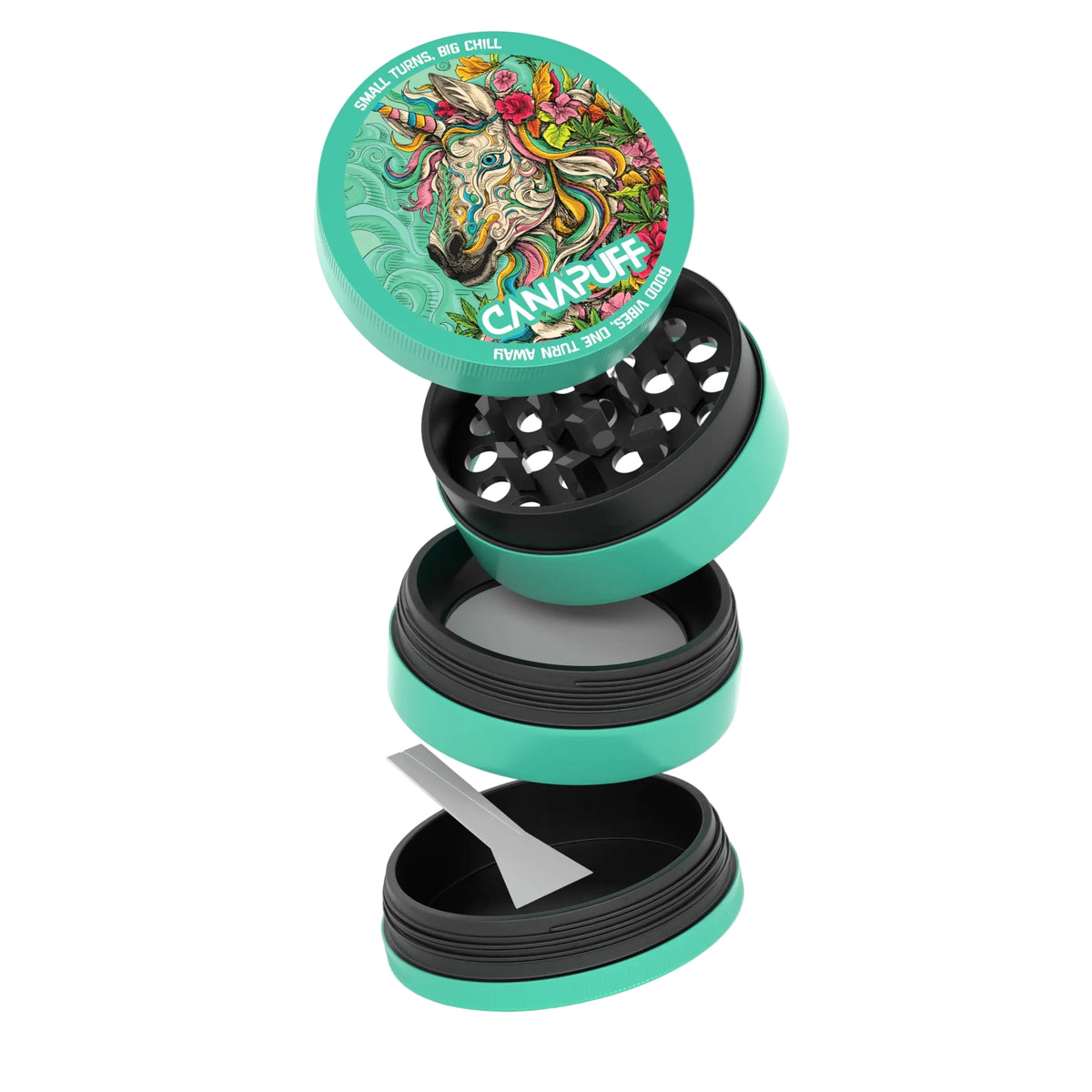 Grinder di metallo Canapuff con design di unicorno colorato e struttura a più parti turchese e nera
