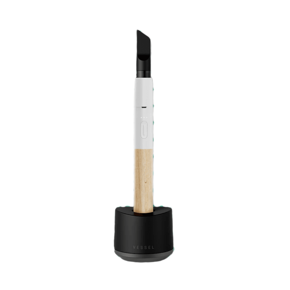 Vape pen Vessel Craftsman bianca con dettagli in legno di faggio e base di ricarica