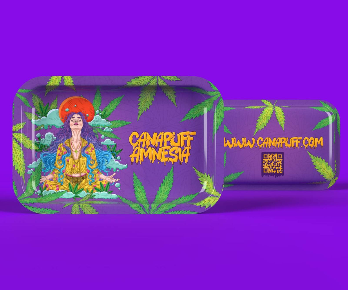 Rolling tray grande Canapuff Amnesia con grafica a foglia di canapa e branding del sito