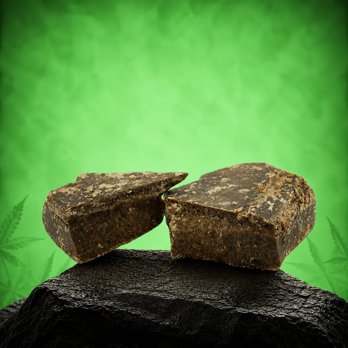 Canapuff Dry Sift Hash, due pezzi di hashish scuro compresso su pietra nera