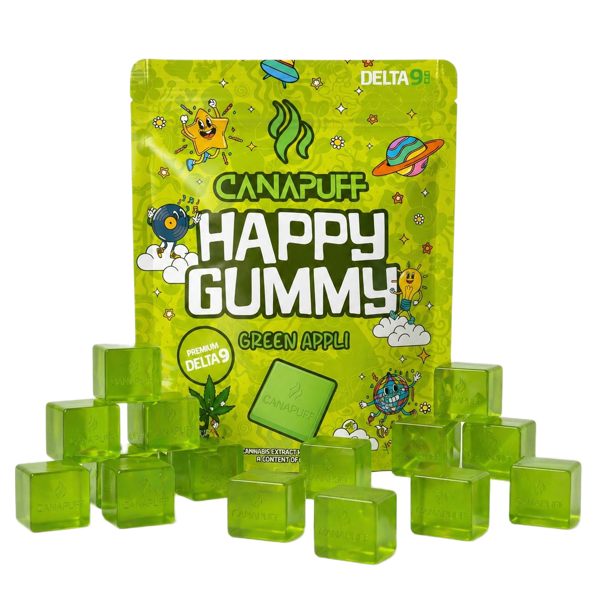 Canapuff Happy Gummy Delta-9 Green Appli, confezione di gummies