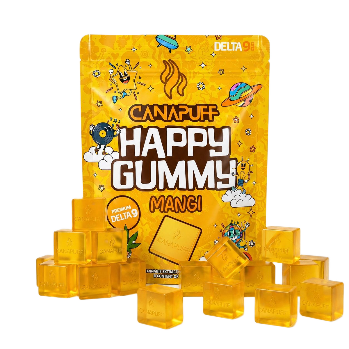 Gummies Canapuff Happy Gummy Delta-9 Mango in bustina gialla con cubetti gommosi singoli in mostra